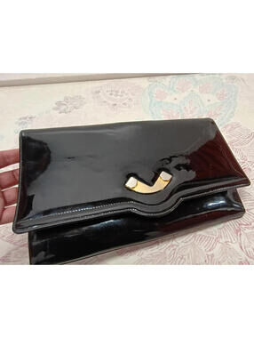 Vintage 60s 70s Lewis Wide Purse Black Patent Vinyl Clutch Gold Silver Hardware